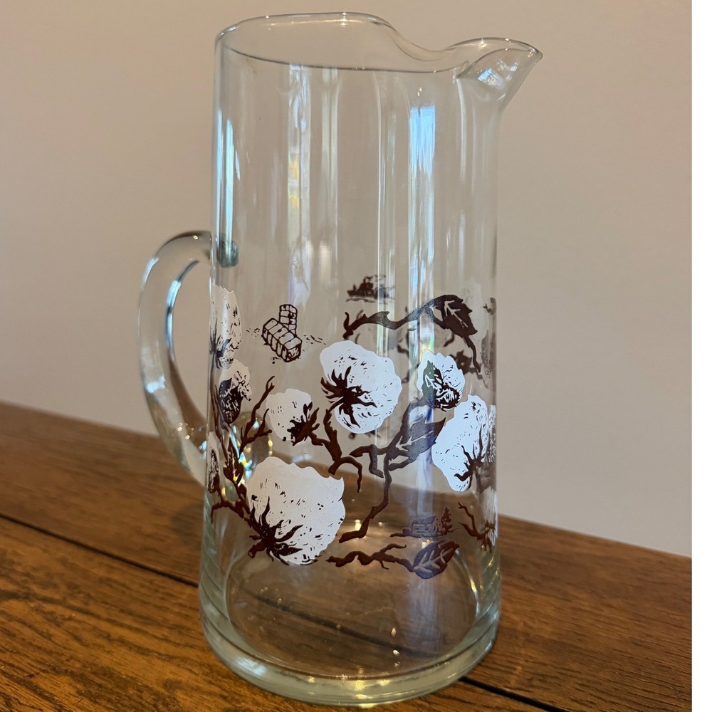 Vintage Cotton Ball Glass Pitcher Clear White Brown Good Farmhouse Ice Lip Rare